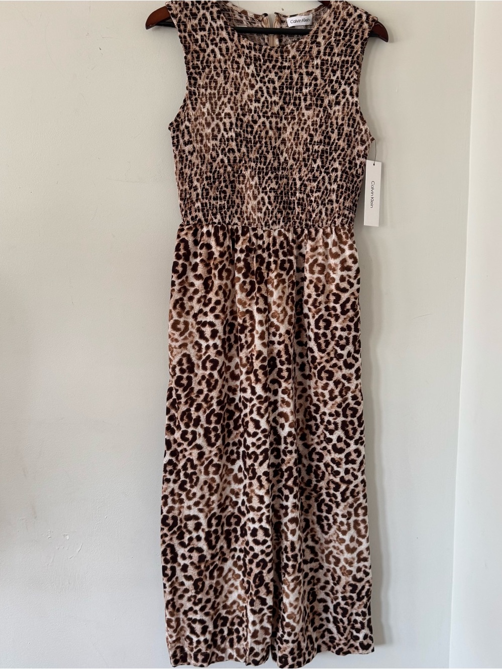 NWT Calvin Klein Women Smocked Leopard Jumpsuit Size 6